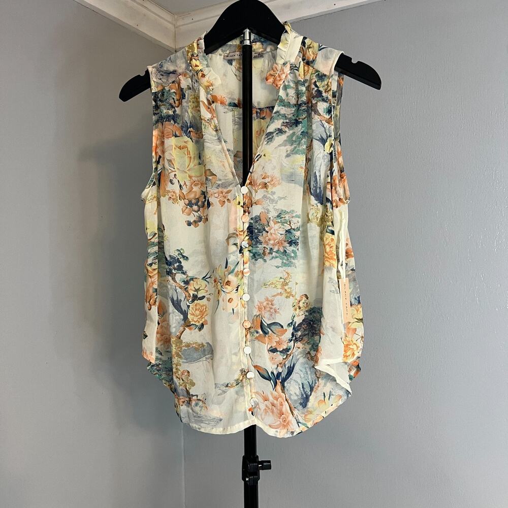 Black Tape Blouse Top Womens Small Multi Floral Print Sheer Pleated Button Front